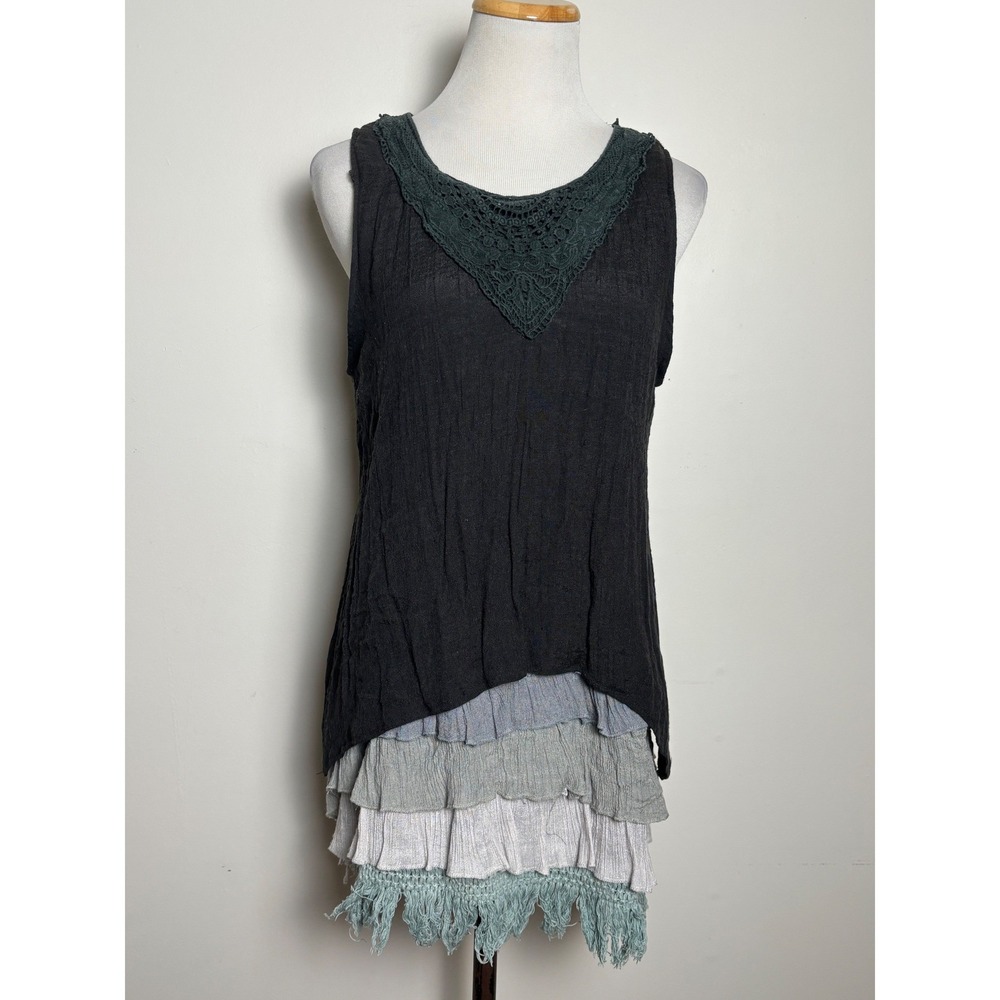 Lady Noiz Womens Crinkle Gauze Tunic Tank Top M Fairy Grunge Boho Crochet Ruffle